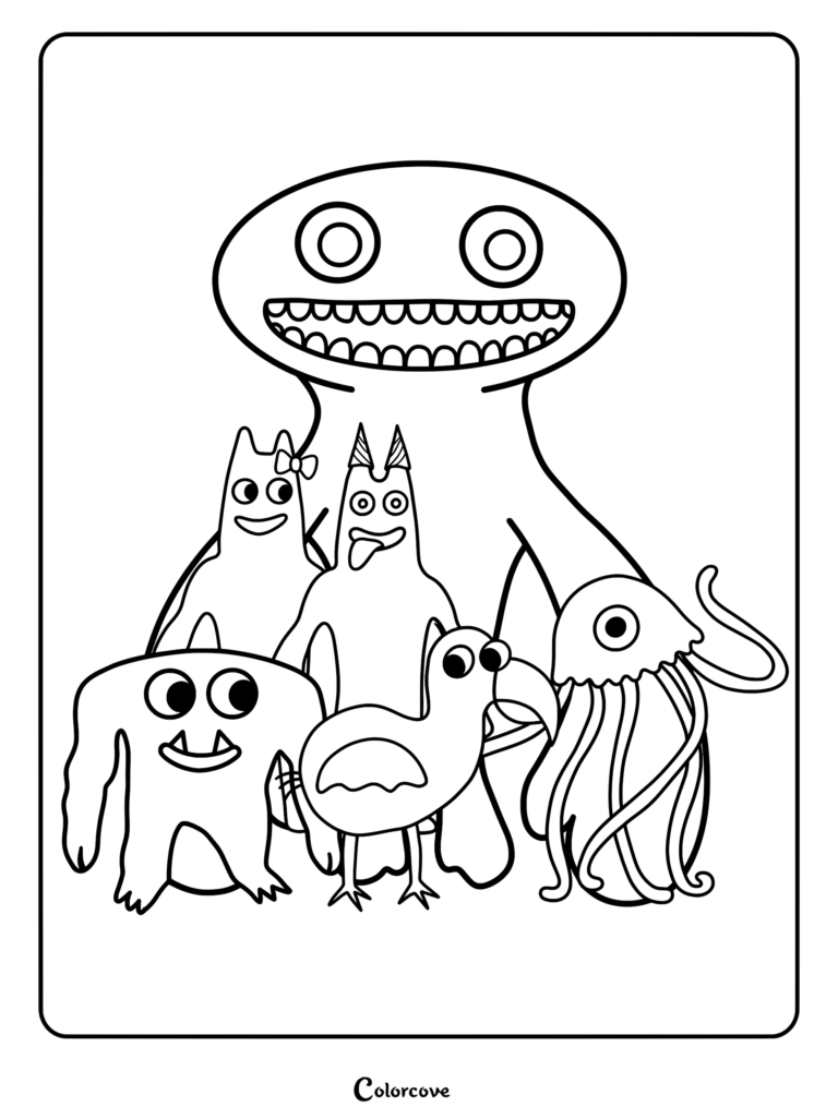 Dibujo para colorear de Garten of Banban con Jumbo Josh, Banbaleena y Stinger Flynn de pie juntos en grupo.