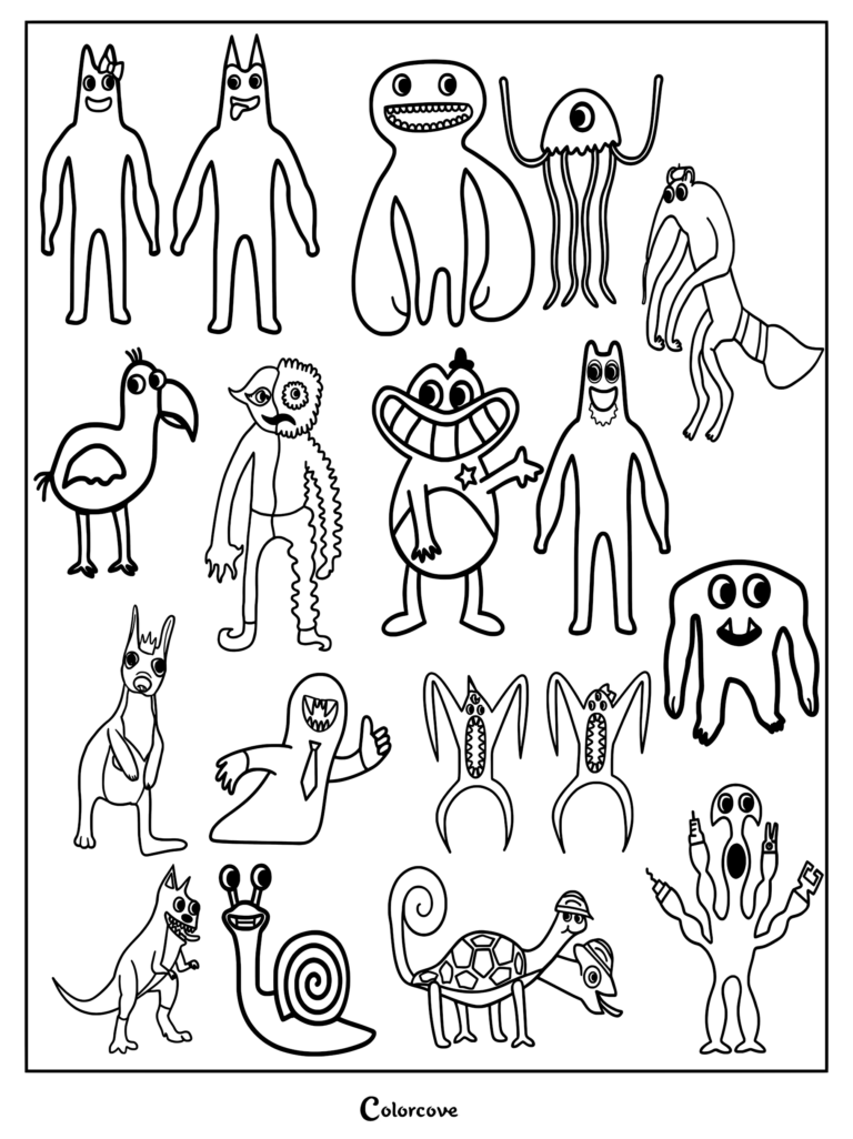 Various characters from the horror video game Garten of Banban.