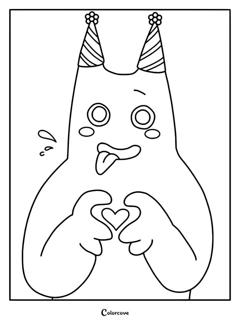 Banban usando sombreros de fiesta y haciendo una forma de corazón con sus manos en este dibujo para colorear imprimible.