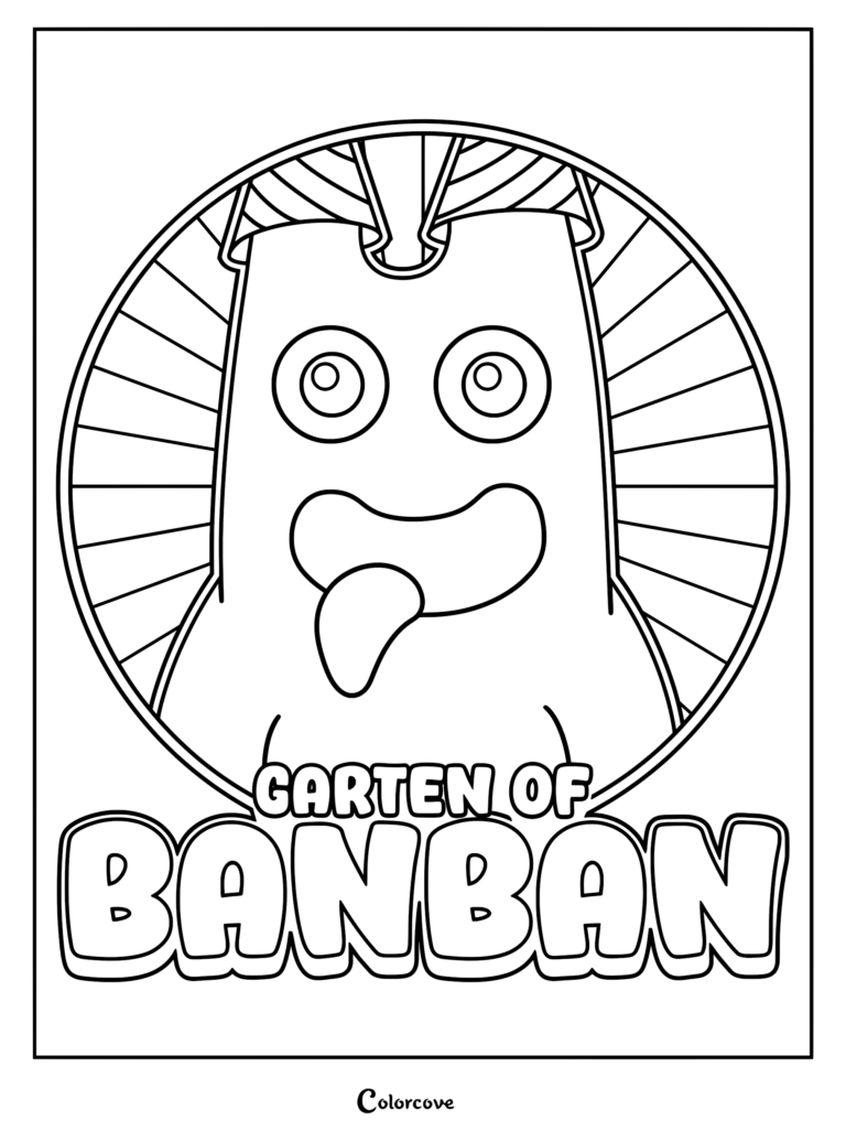Un dibujo para colorear imprimible con un diseño de pegatina del personaje mascota rojo Banban de la franquicia de juegos Garten of Banban.
