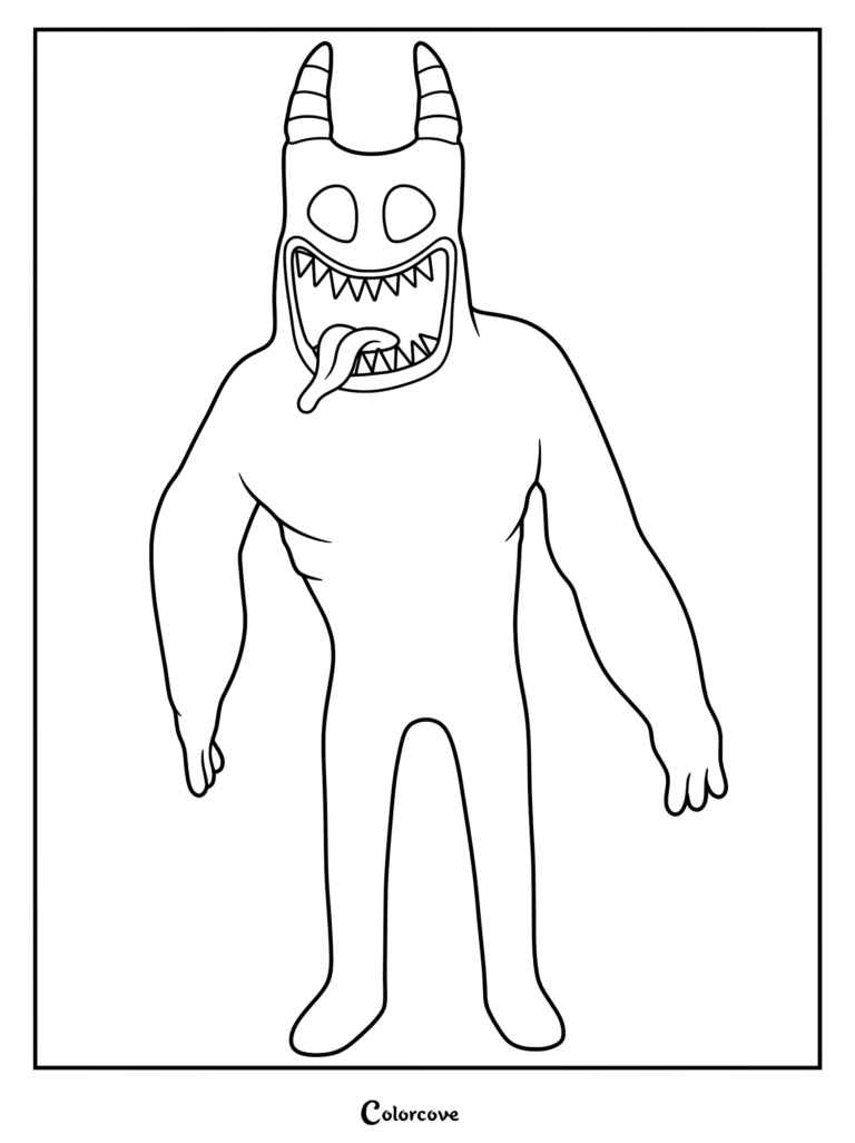 Un dibujo para colorear imprimible del personaje Banban de Garten of Banban en su forma infernal, con una apariencia mutada y monstruosa con cuernos y una sonrisa amplia y llena de dientes.