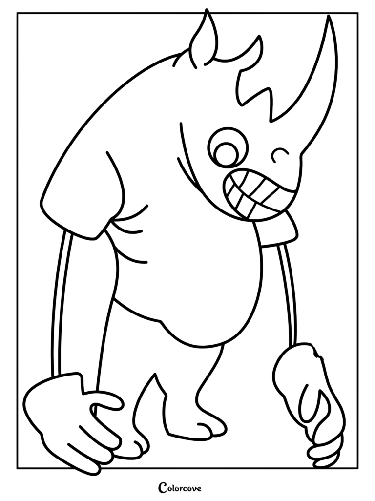 Happy Frank de la serie de juegos Garten of Banban en un formato de dibujo para colorear imprimible que muestra su cuerno distintivo y sus manos grandes.