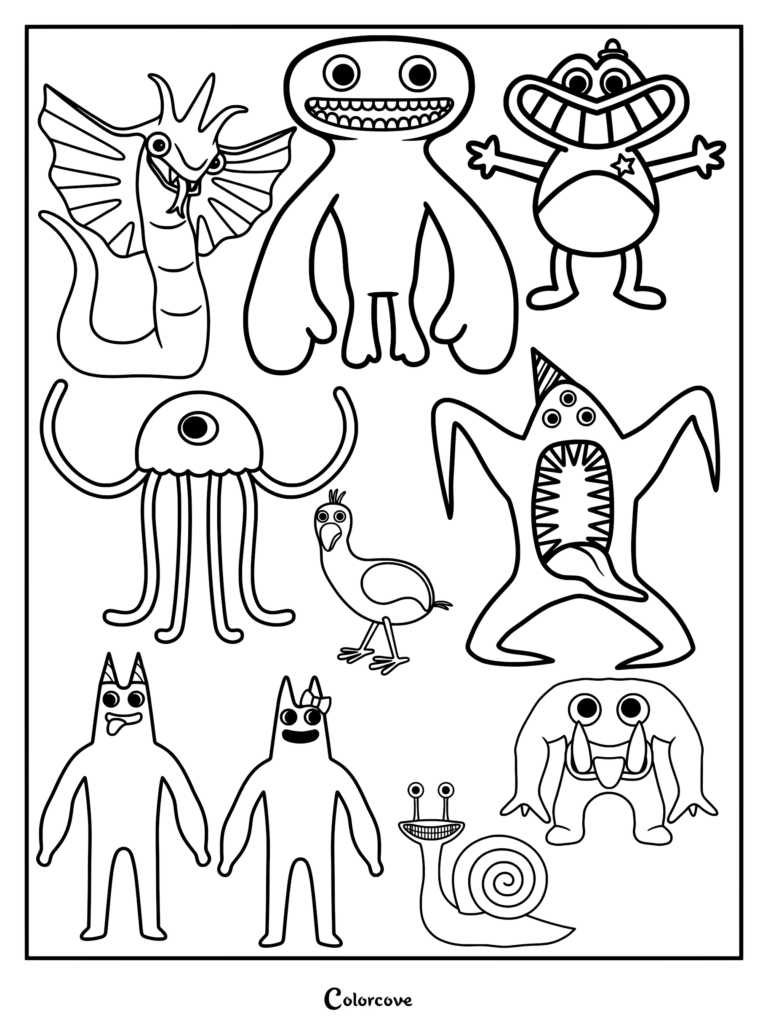 Un dibujo para colorear imprimible con Banban, Sheriff Toadster, Stinger Flynn, Opila Bird y Jumbo Josh juntos.