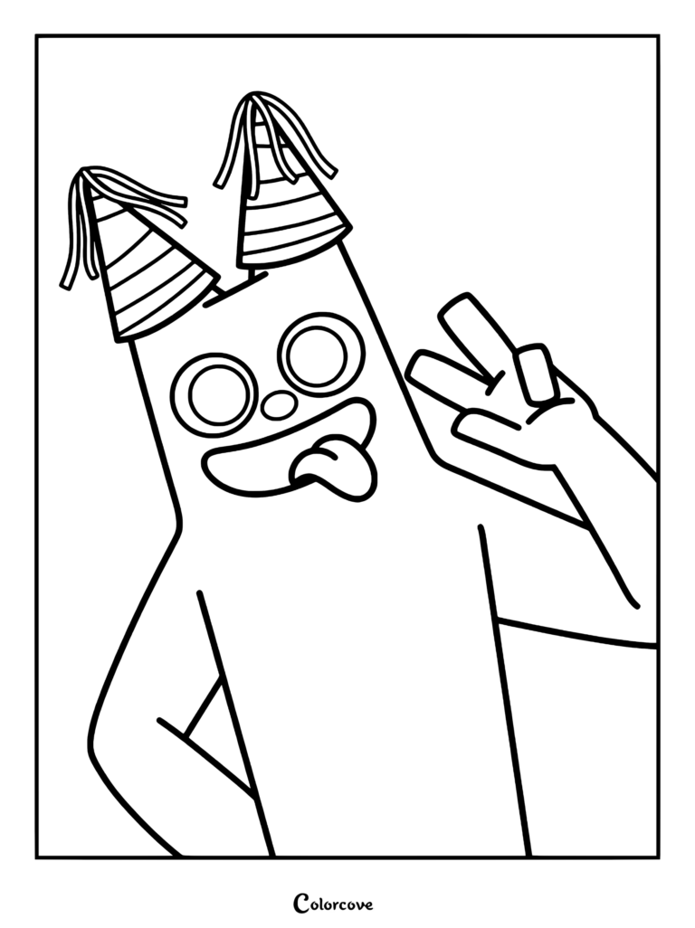 El feliz Banban usando dos sombreros de fiesta y haciendo el signo de la paz en este dibujo para colorear imprimible.