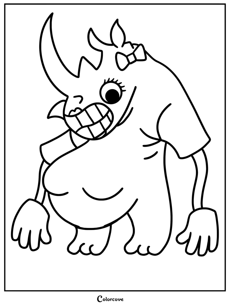 La feliz Freya de Garten of Banban con un lazo, mostrada en un dibujo para colorear imprimible de arte lineal.