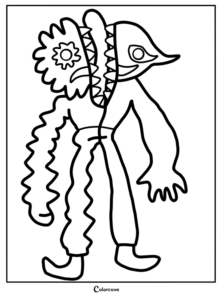 Un dibujo para colorear imprimible con el Hellish Naughtified Bittergiggle de Garten of Banban con sus extremidades dentadas y su cabeza en forma de engranaje.