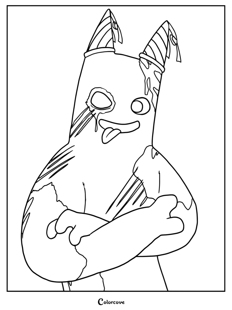 Un Banban herido de Garten of Banban con un ojo dañado y el cuerpo desgarrado, dibujo para colorear imprimible.