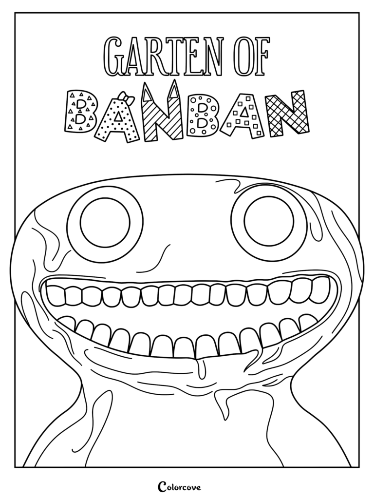 Un dibujo para colorear imprimible con la cara grande y sonriente de Jumbo Josh de Garten of Banban con texto llamativo arriba.
