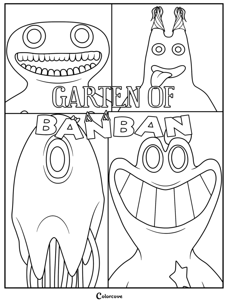 Dibujo para colorear de Garten of Banban con un diseño de póster que incluye a Jumbo Josh, Banban, Stinger Flynn y Sheriff Toadster.