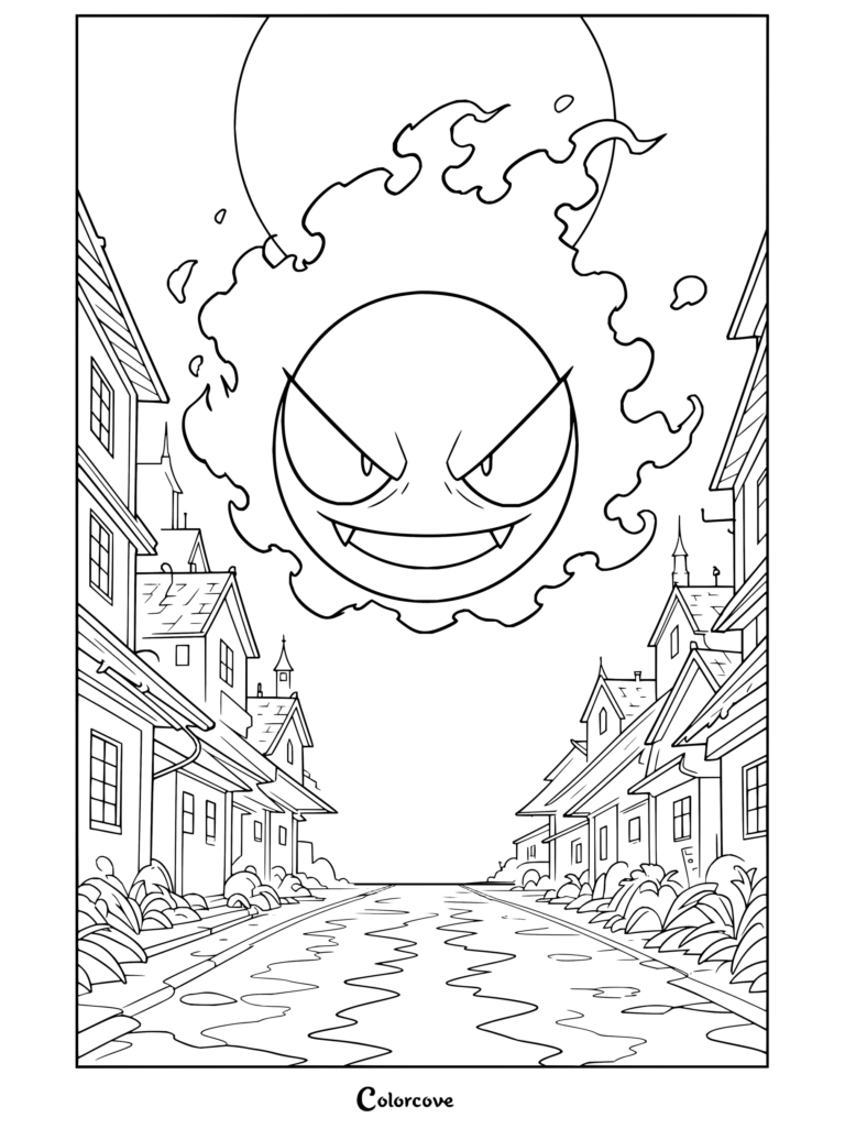 Dibujo para colorear de Gastly flotando sobre una misteriosa aldea nocturna bajo la luna llena para fans.