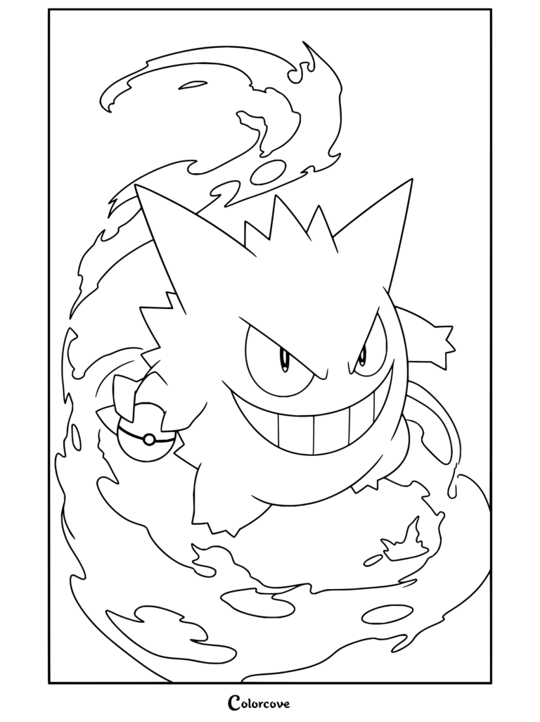 Dibujo para colorear gratis de Gengar volando por una calle de la ciudad con un aura rosa y sosteniendo una Poké Ball.