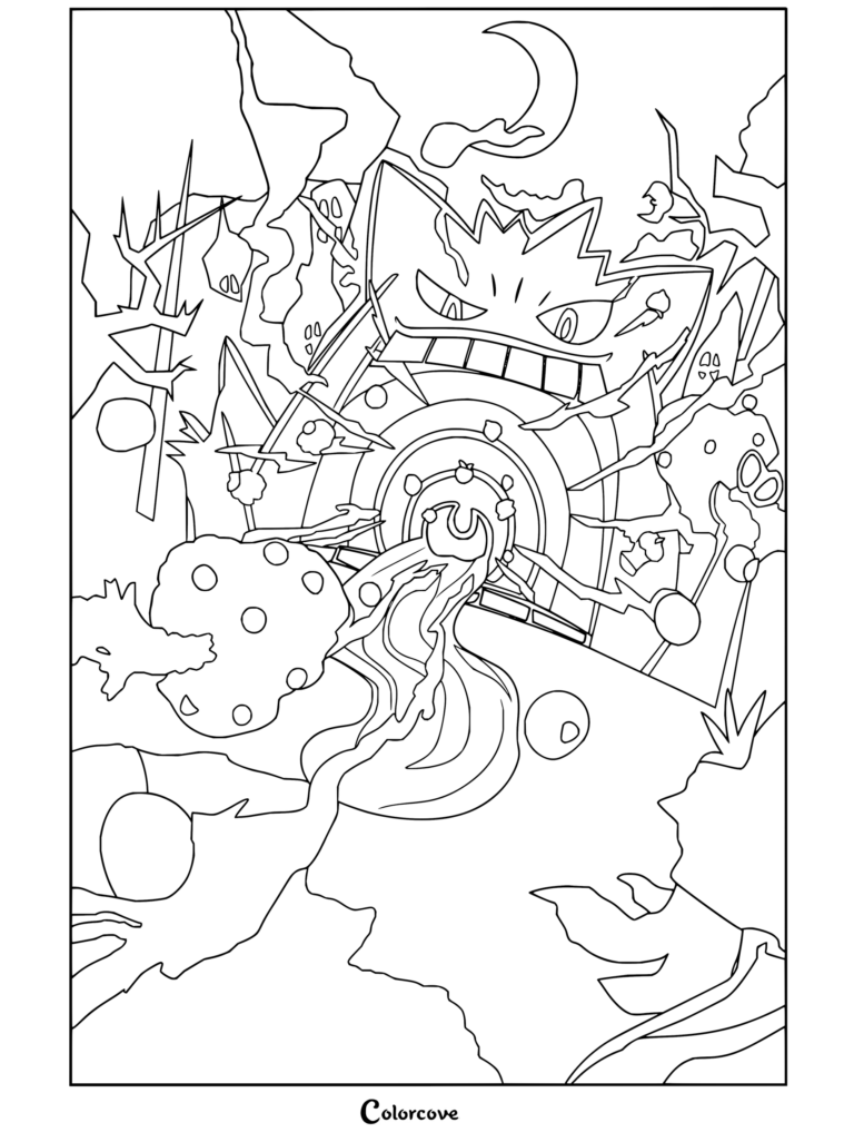 Dibujo para colorear de la gigantesca boca de Gengar tragándose el paisaje con el cielo nocturno y la luna.