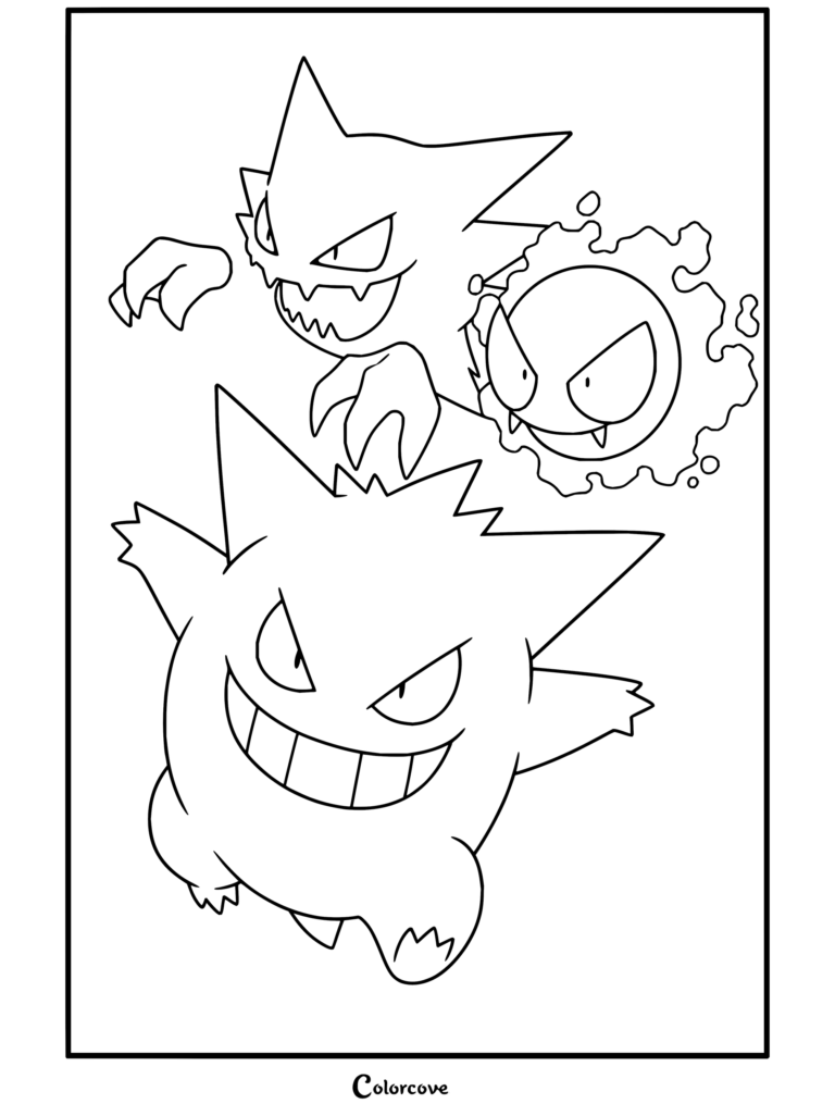Dibujo para colorear de los Pokémon fantasma morados Gengar, Haunter y Gastly.