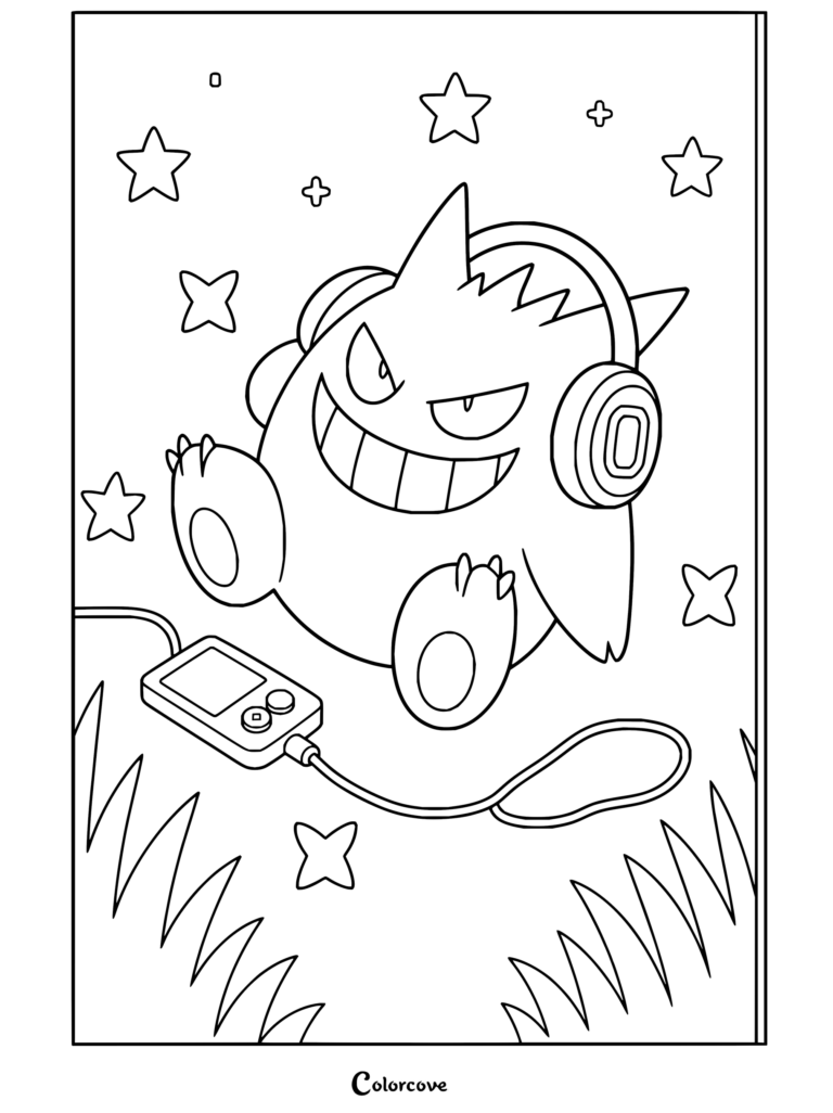 Dibujo para colorear estilo pixel art de Gengar escuchando música con auriculares y un móvil en una pradera.