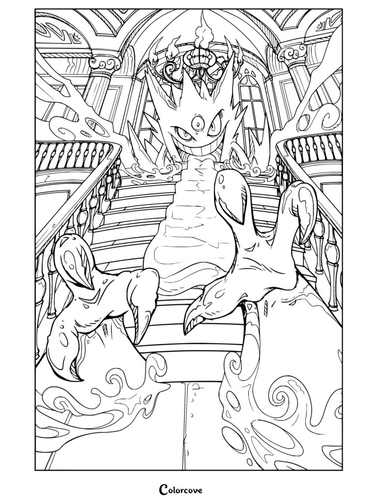Dibujo para colorear de Mega-Gengar con su larga lengua extendiéndose por las escaleras de una mansión embrujada y enormes manos con garras en primer plano.
