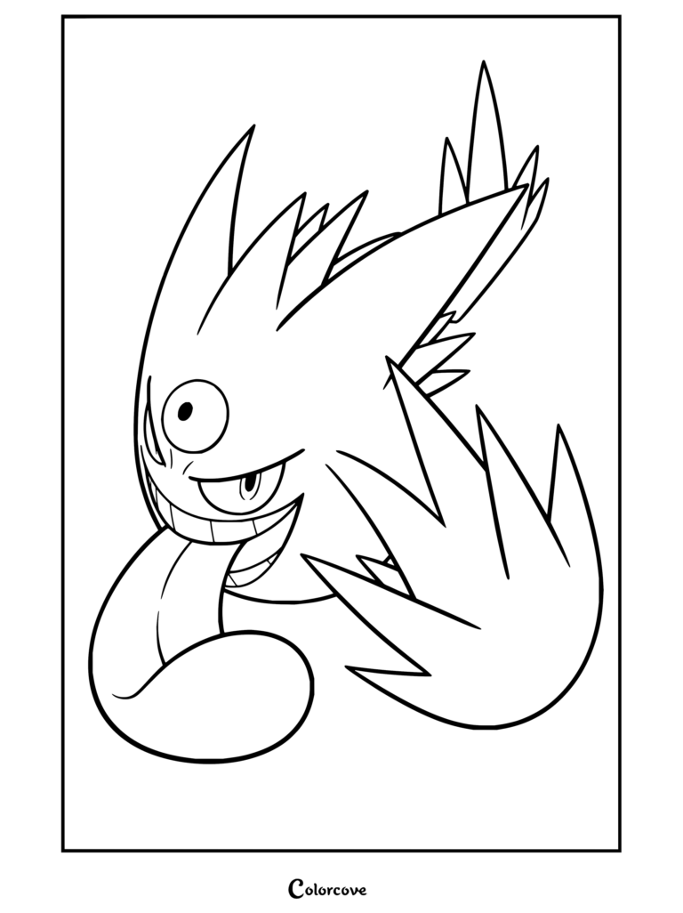 Dibujo para colorear de Mega-Gengar Variocolor burlándose con su larga lengua y un aura puntiaguda.