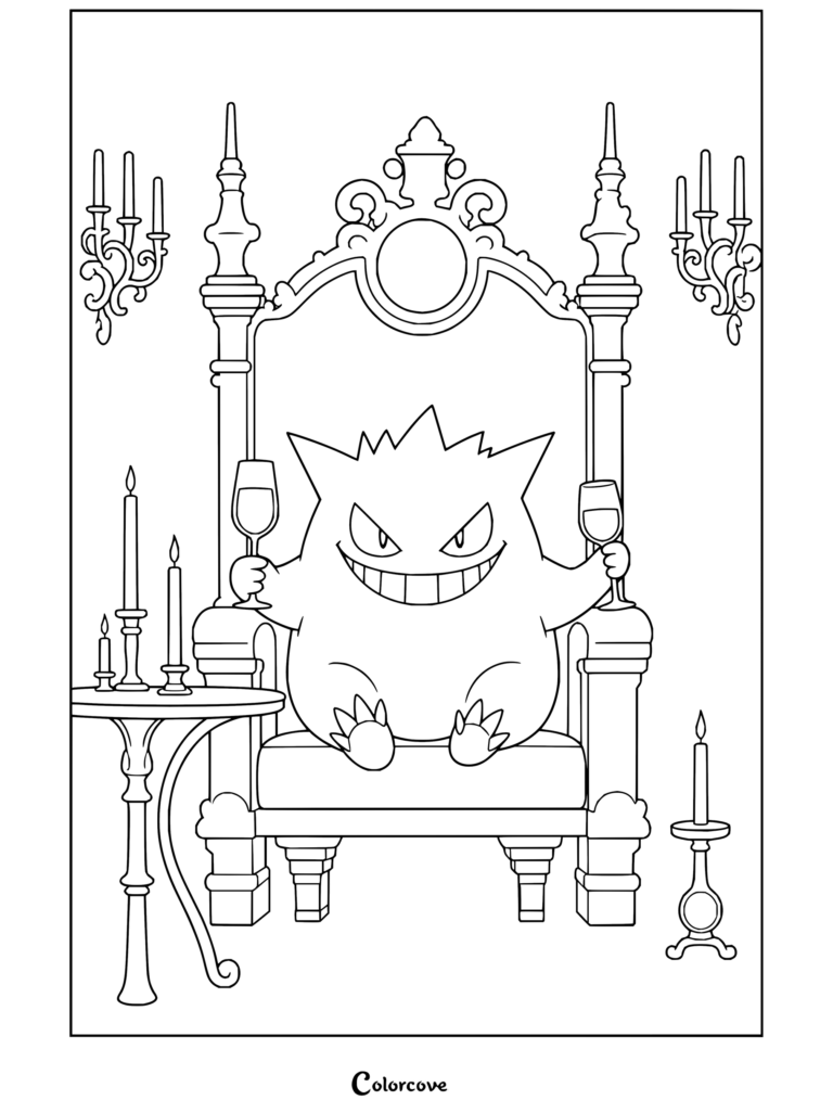 Dibujo para colorear de Gengar, el Pokémon de Tipo Fantasma, sentado con porte majestuoso en un trono sosteniendo copas de vino entre candelabros en un gran salón.