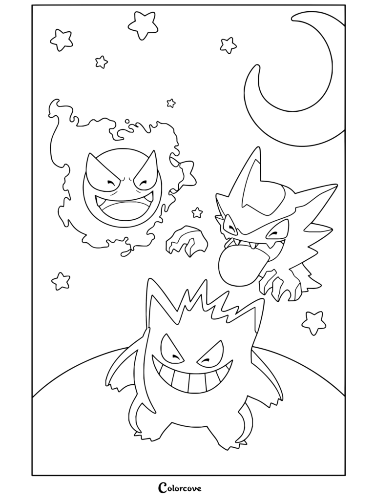 Dibujo para colorear de Gastly, Haunter y Gengar de noche a la luz de la luna bajo una luna creciente y estrellas.