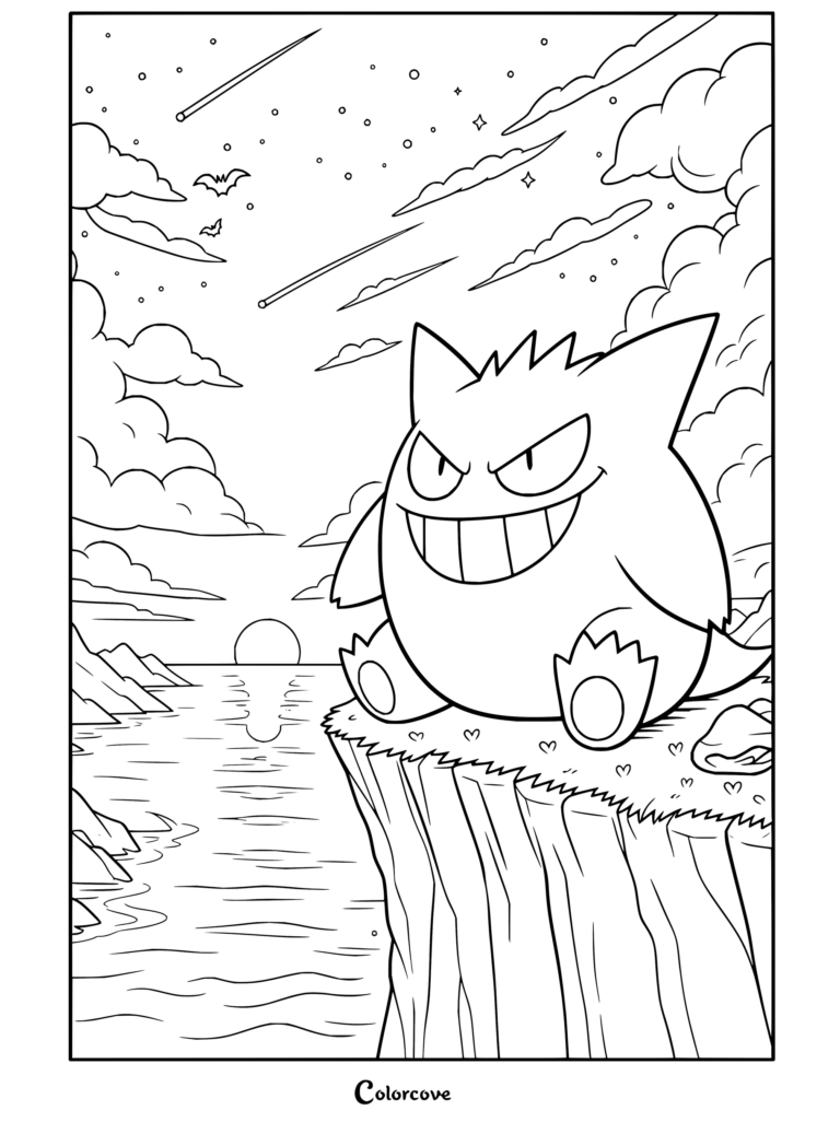 Dibujo para colorear de Gengar sentado en un acantilado contemplando el atardecer con murciélagos y estrellas fugaces en el cielo.