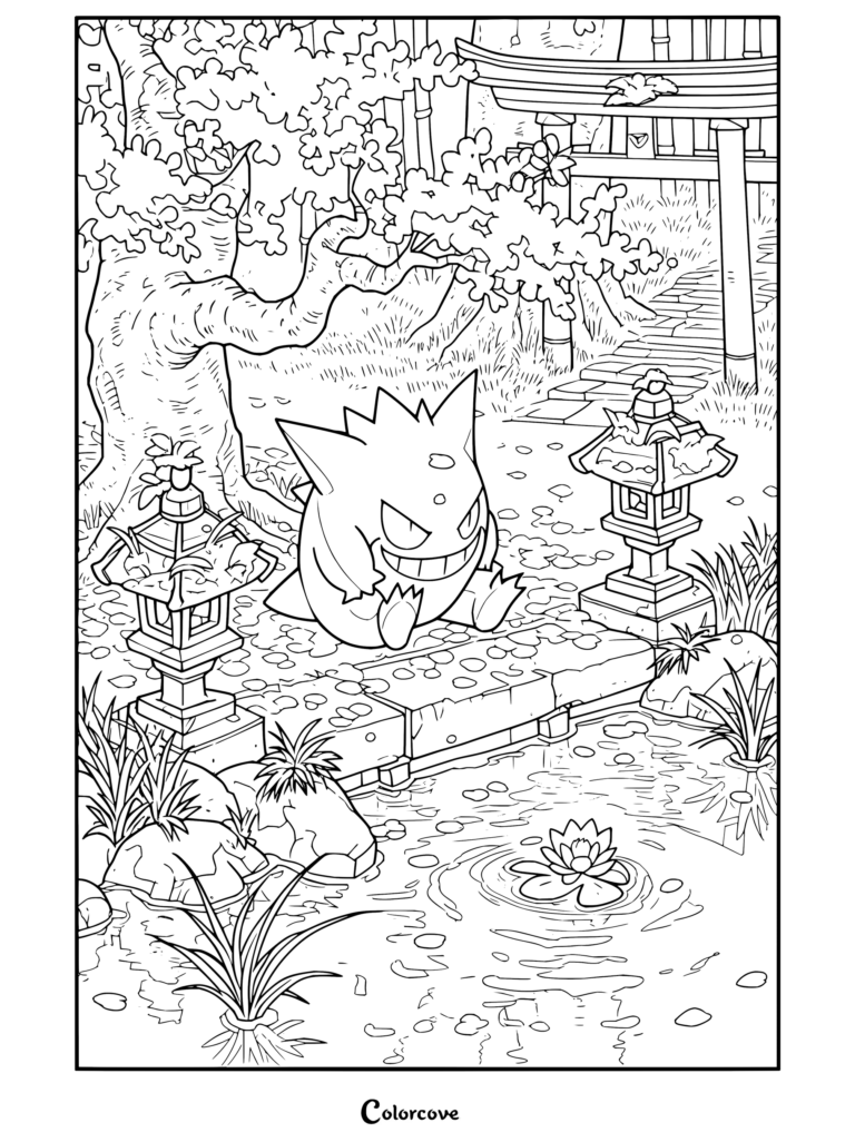 Dibujo para colorear de Gengar sentado en un puente de piedra junto al estanque de un jardín japonés con cerezos en flor.