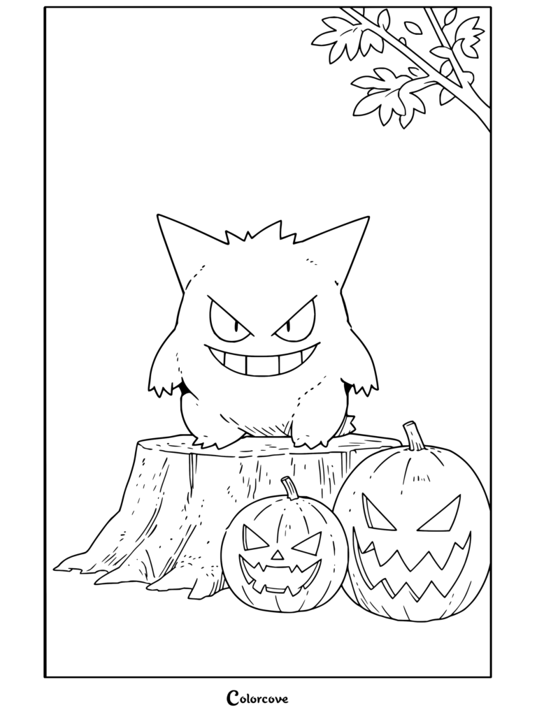Dibujo para colorear e imprimir de Gengar sentado sobre el tocón de un árbol con calabazas de Halloween.