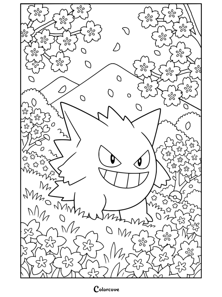 Dibujo para colorear de Gengar sonriendo entre cerezos en flor y montañas de fondo.