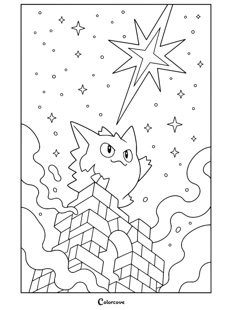 Dibujo para colorear de Gengar sobre unas ruinas de piedra bajo un cielo nocturno con una gran estrella fugaz.