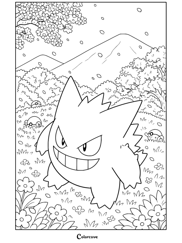 Dibujo para colorear de Gengar paseando sobre la hierba primaveral bajo los cerezos en flor.