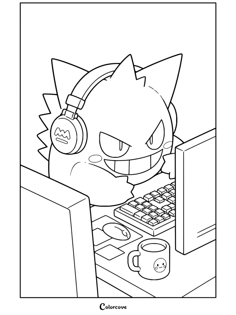 Dibujo para colorear de Gengar con auriculares jugando frente a un escritorio con ordenador.