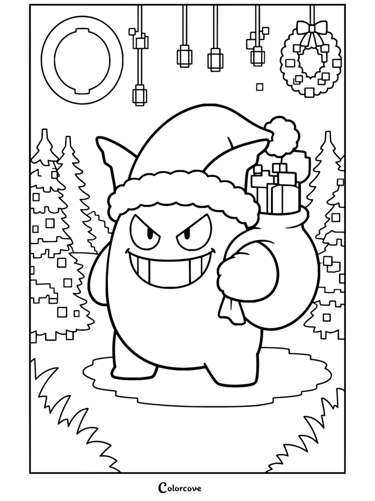 Dibujo para colorear de Gengar con un gorro de Papá Noel llevando un saco de regalos navideños en un paisaje nevado.
