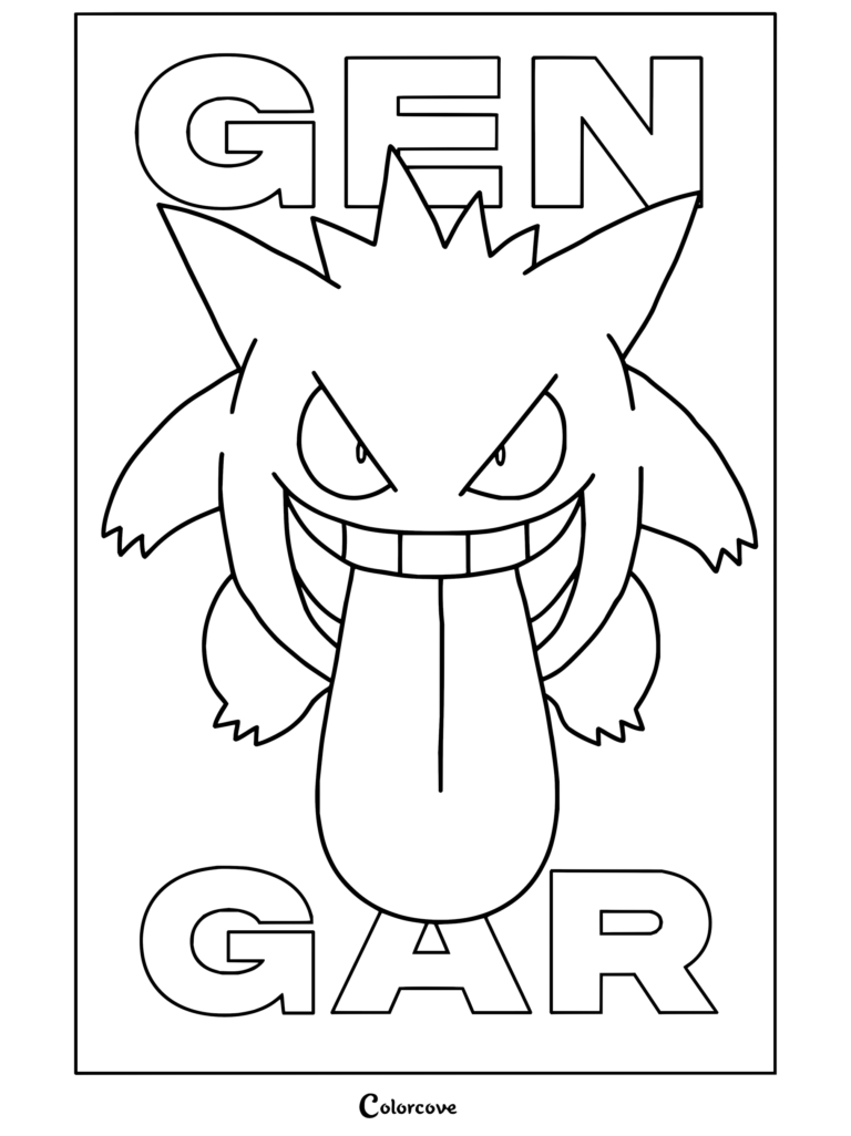 Dibujo para colorear e imprimir de Gengar con ojos rojos y sacando una larga lengua rosa, enmarcado con letras llamativas.