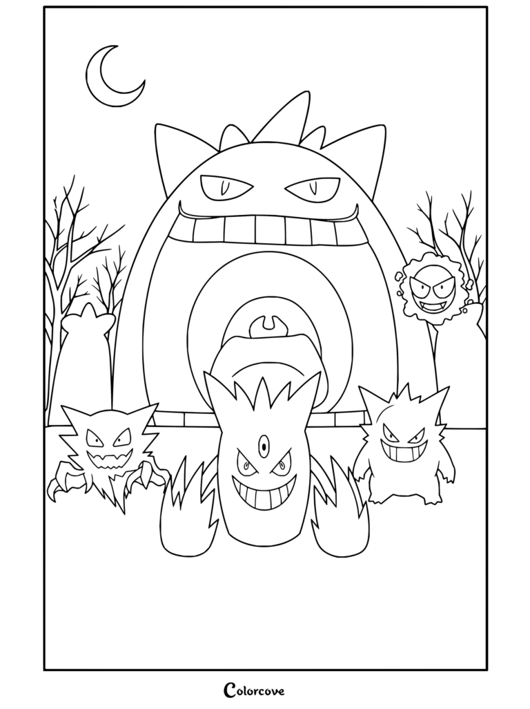 Dibujo para colorear del gigantesco Gengar Gigamax con Mega-Gengar y Haunter en un bosque encantado a la luz de la luna.