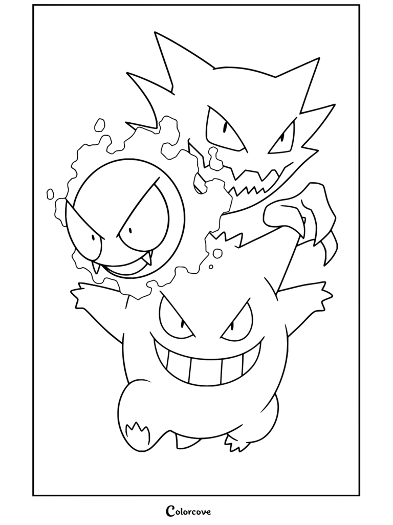 Dibujo para colorear de la línea evolutiva de Gastly, Haunter y Gengar con los tres espíritus de Tipo Fantasma.