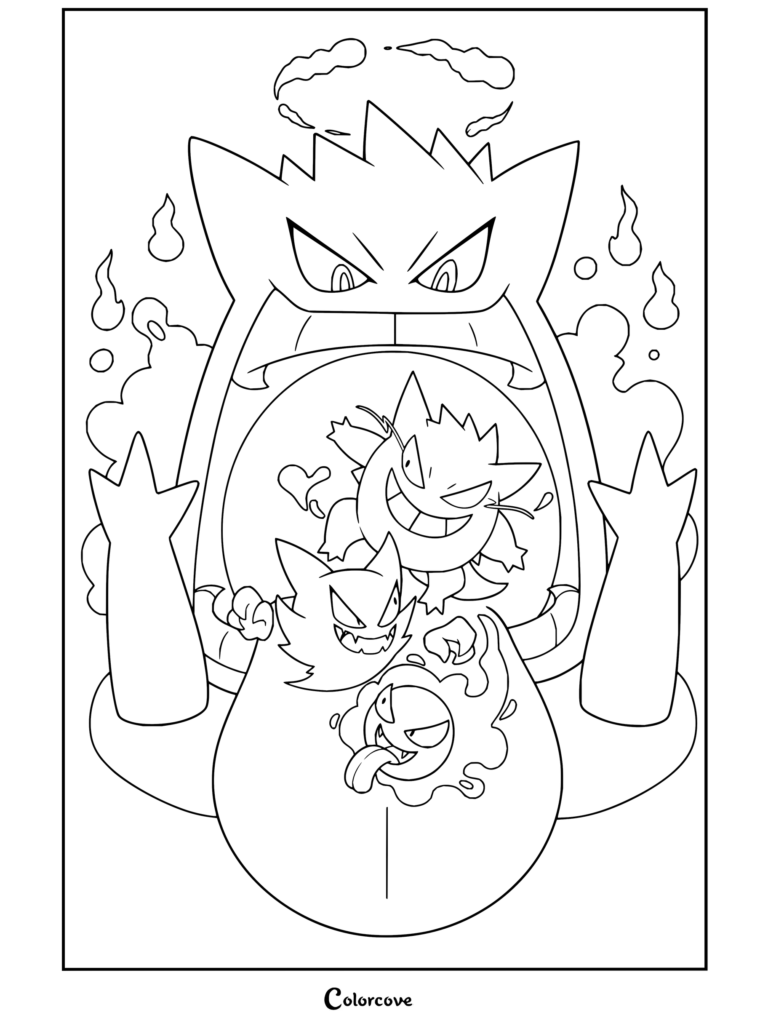 Dibujo para colorear de las fauces de Gengar Gigamax con Gastly, Haunter y Gengar en un épico diseño de su línea evolutiva.