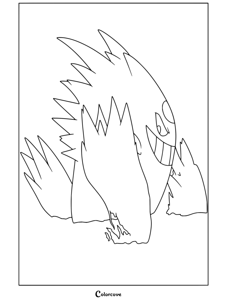 Dibujo para colorear de Gengar Gigamax con su sonrisa amenazante y púas gigantes.