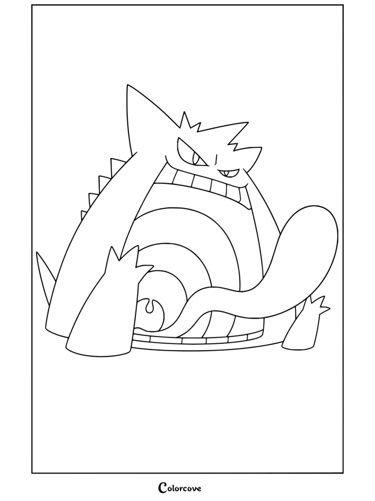 Dibujo para colorear de Gengar Gigamax abriendo su inmensa boca con su larga lengua.