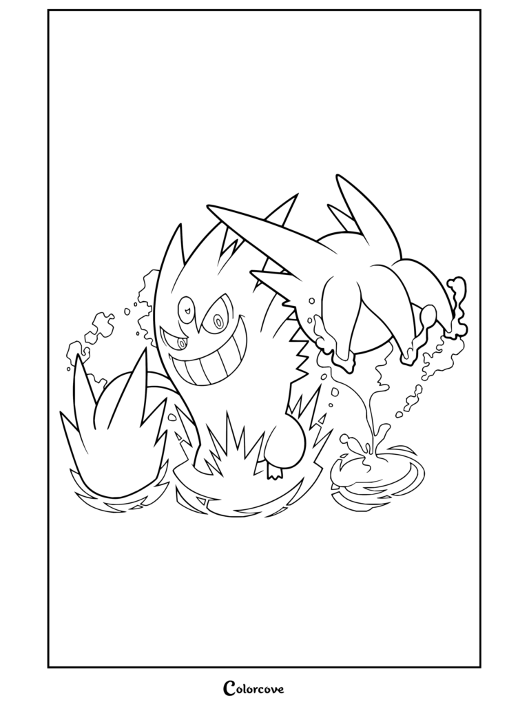 Dibujo para colorear de Gengar Gigamax desatando garras y energía rosa tóxica en un trazo limpio.