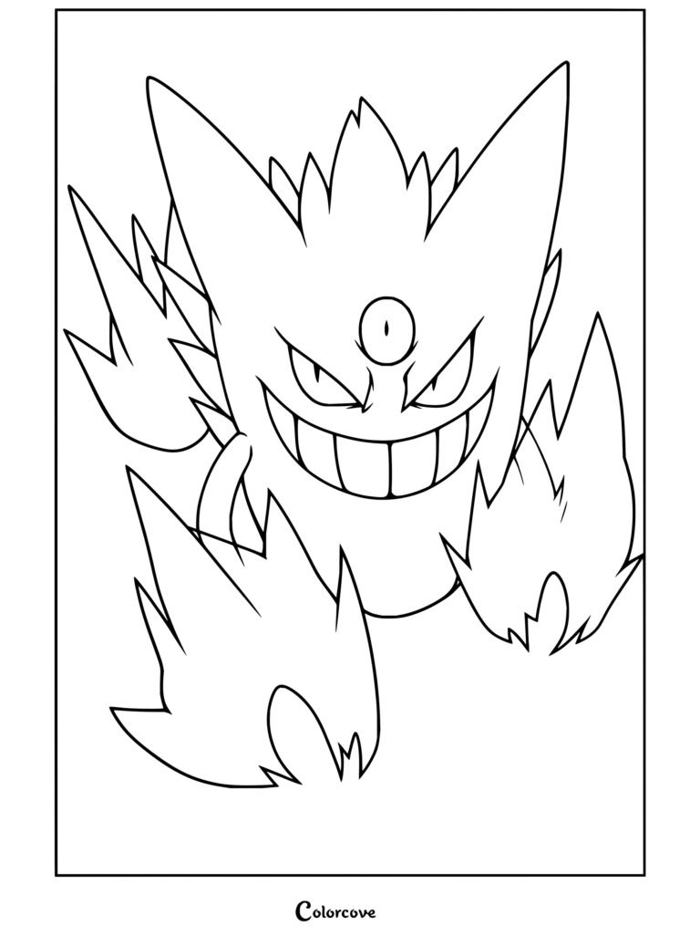 Dibujo para colorear de Mega-Gengar, el Pokémon de Tipo Fantasma, mostrando su Megaevolución con un tercer ojo brillante.