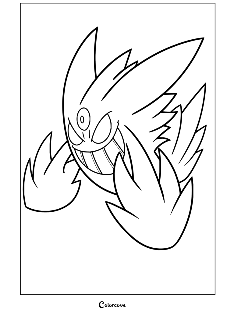 Dibujo para colorear e imprimir con la Megaevolución de Gengar Variocolor fusionada con Clefable luciendo una sonrisa espeluznante y líneas de neón brillantes.