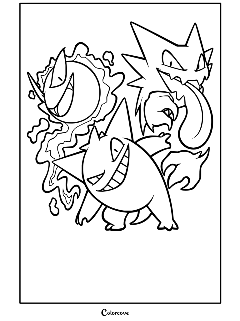 Dibujo para colorear de la línea evolutiva de Gastly, Haunter y Gengar con los tres Pokémon de Tipo Fantasma en una divertida pose.