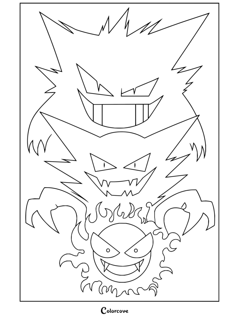 Dibujo para colorear de la línea evolutiva de Gastly, Haunter y Gengar.
