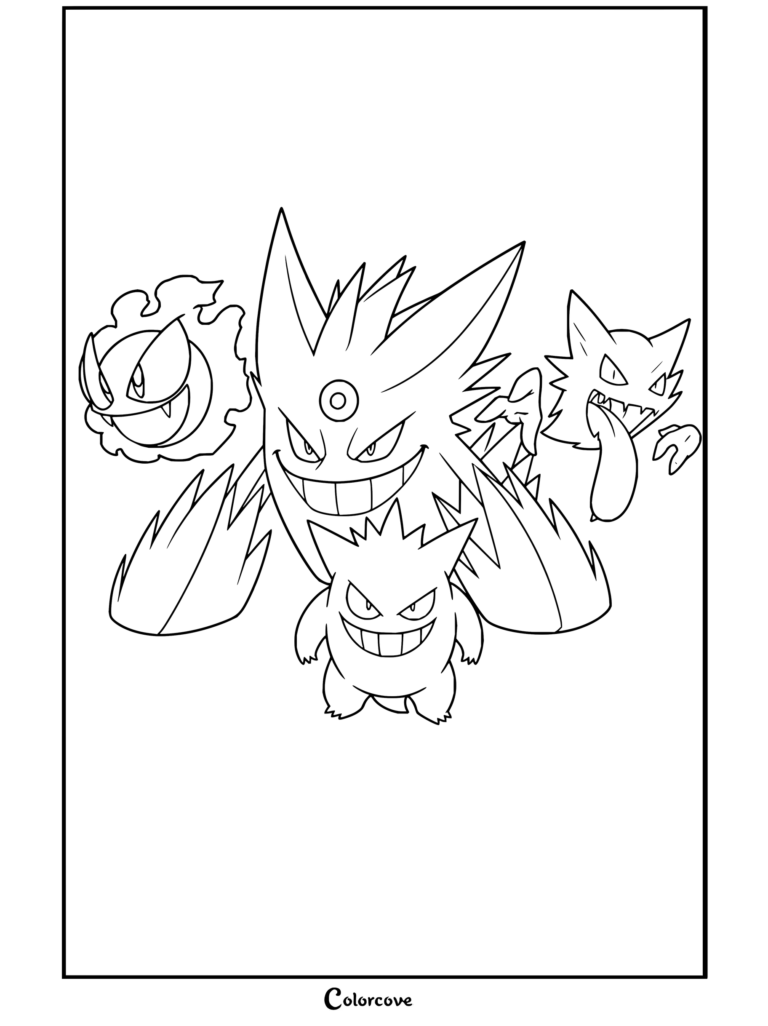 Dibujo para colorear e imprimir con la línea evolutiva completa de Gengar, incluidos Gastly, Haunter, Gengar y Mega-Gengar.