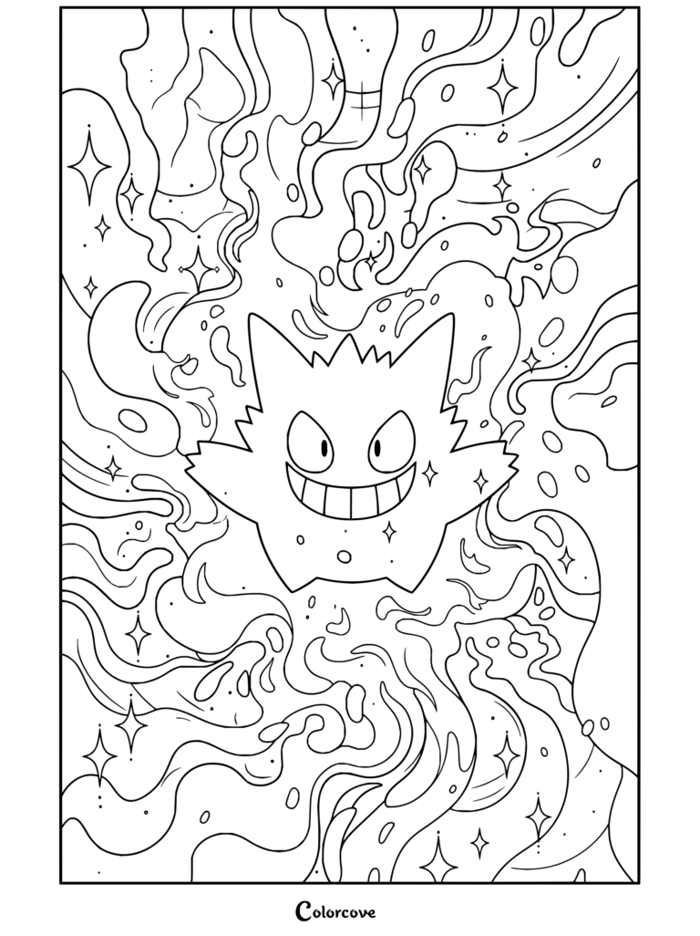 Dibujo para colorear gratis de Gengar flotando en un fondo cósmico de nebulosa y humo repleto de estrellas y destellos.