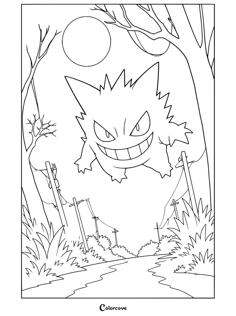 Dibujo para colorear de Gengar flotando de forma siniestra bajo la luna llena de noche.