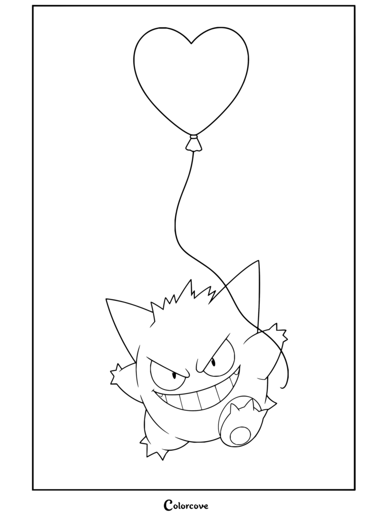 Dibujo para colorear e imprimir de Gengar flotando alegremente mientras sujeta la cuerda de un gran globo con forma de corazón.