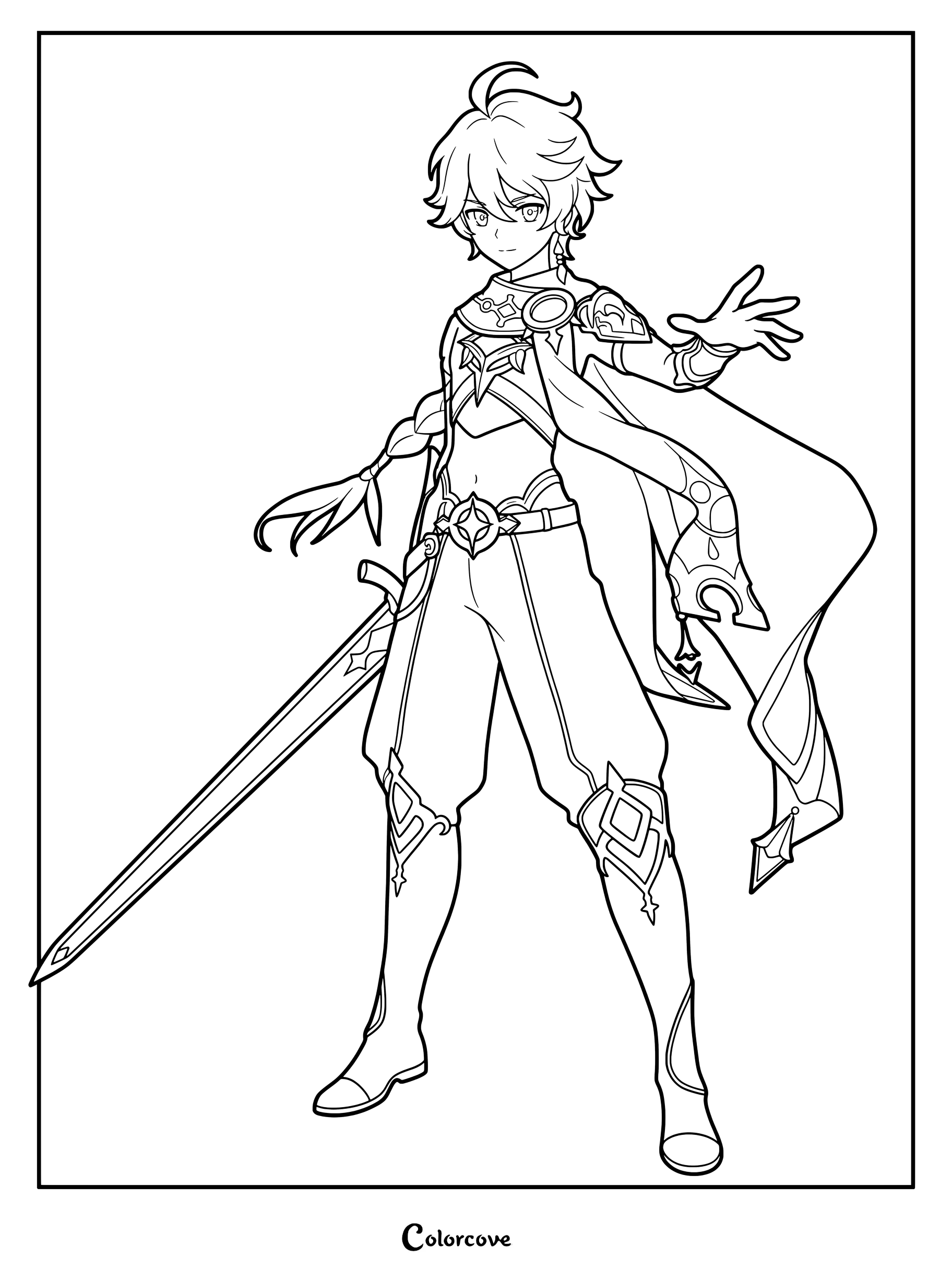 Aether coloring page from Genshin Impact featuring the character holding a sword in a dynamic pose