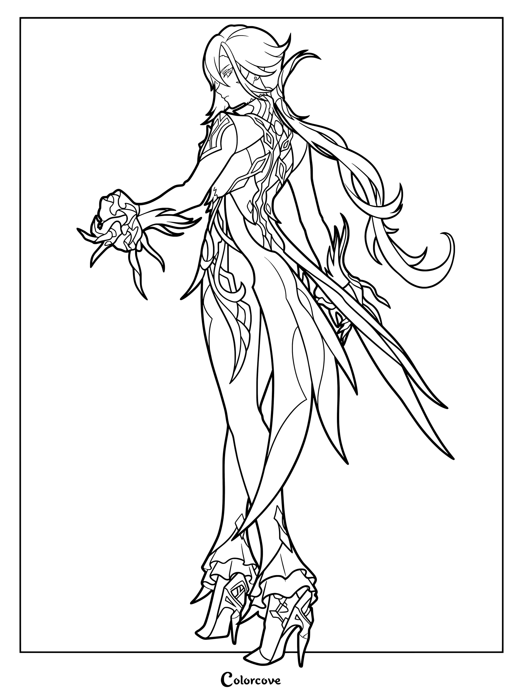 Arlecchino coloring page from Genshin Impact showing her detailed outfit.