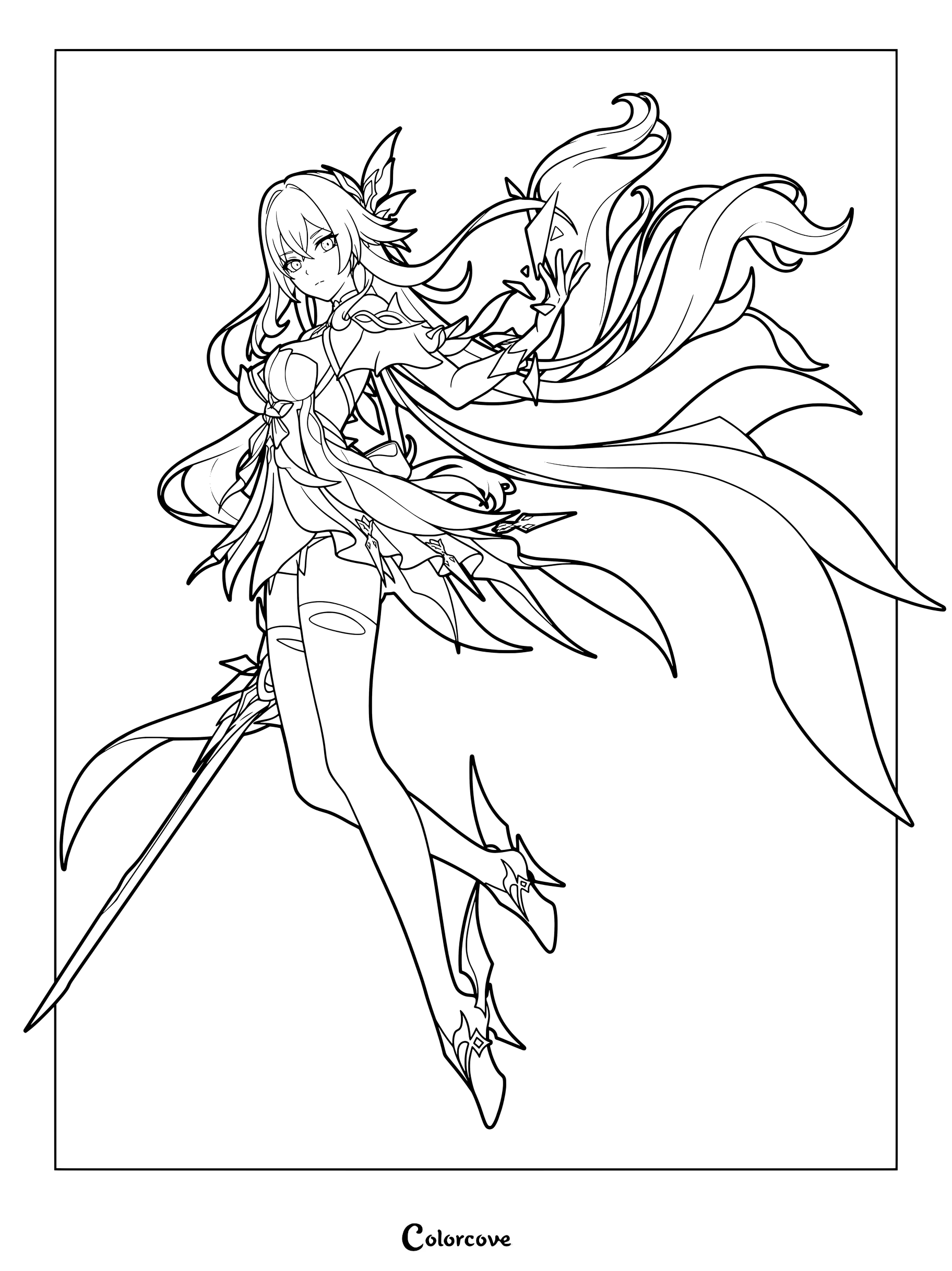 Skirk holding a sword from Genshin Impact coloring page