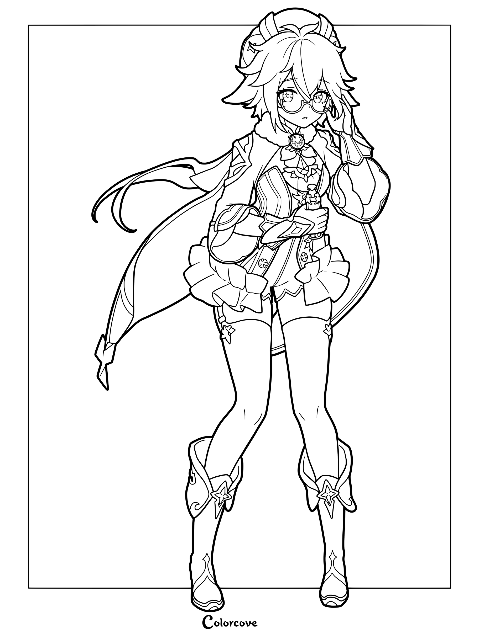 Printable line art coloring page of Sucrose from Genshin Impact holding a small bottle.