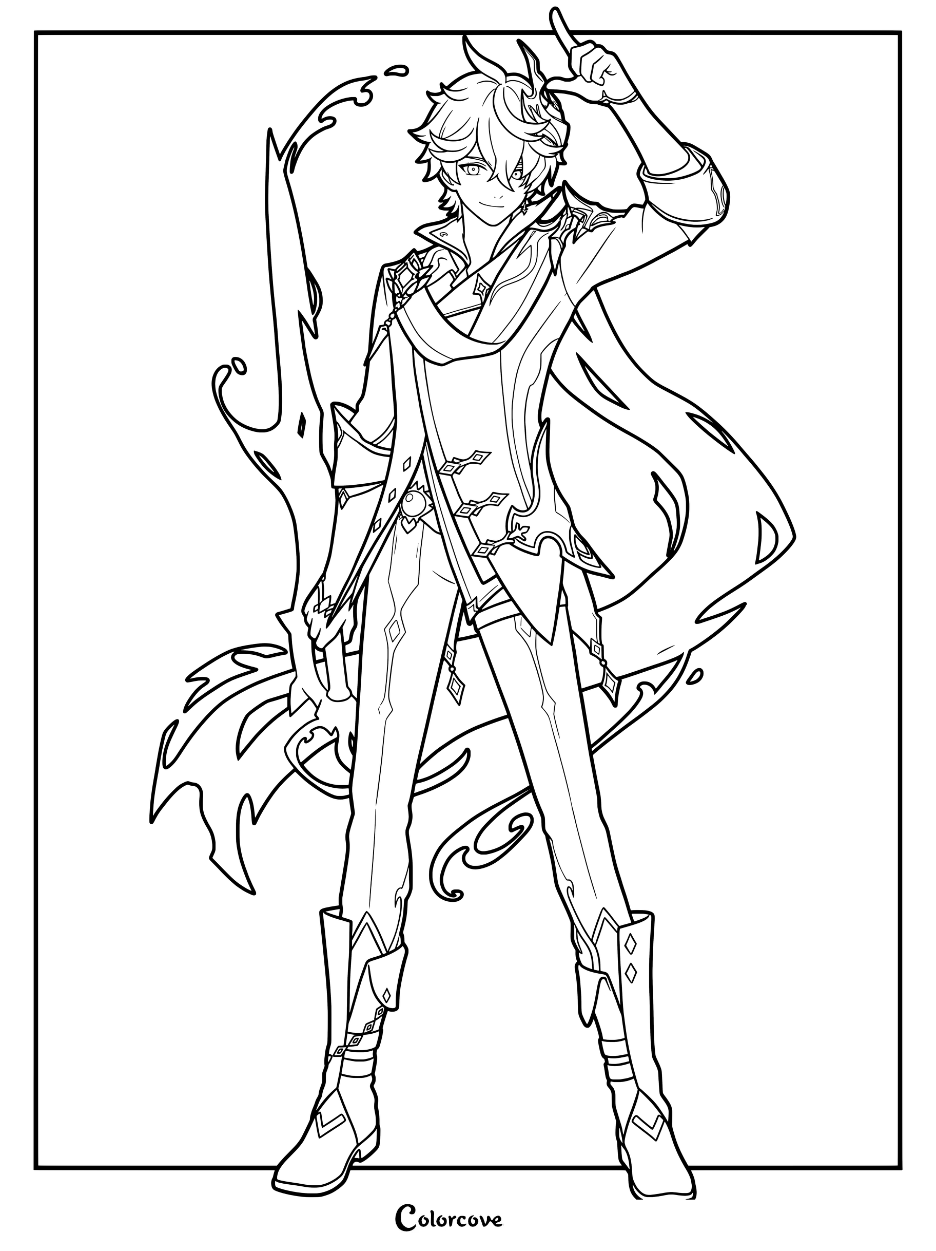 Tartaglia coloring page featuring the Hydro character with flowing water elements and a playful pose from Genshin Impact.